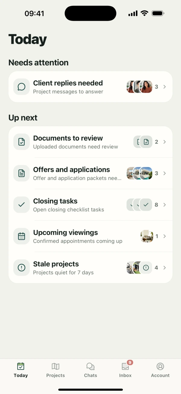 Agent workspace showing properties, documents, viewings, and inbox